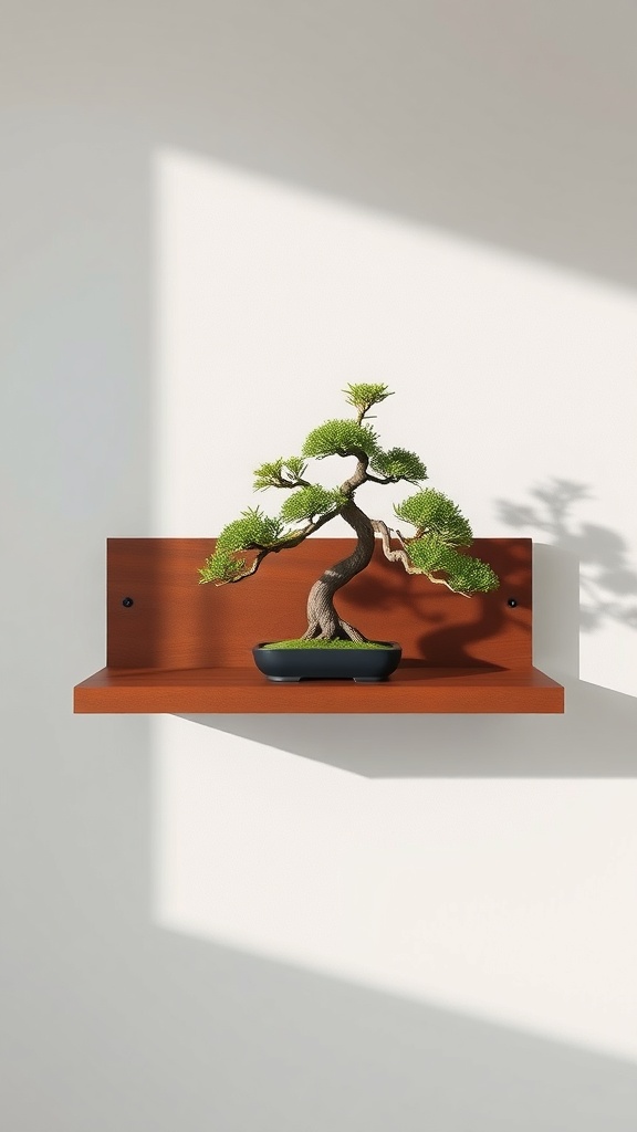 A minimalist bonsai tree displayed on a floating wooden shelf against a light wall.