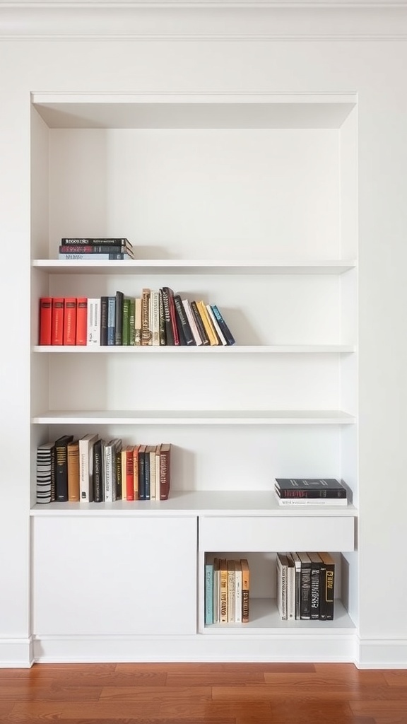 A minimalist bookshelf with neatly arranged books in a modern setting.