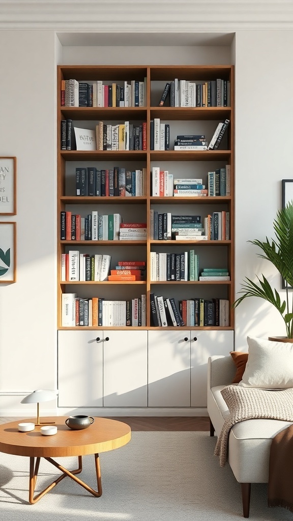A minimalist bookshelf with open shelves displaying books and closed cabinets below, set in a modern living room.