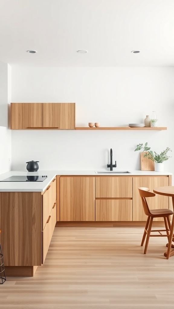 A modern Scandinavian kitchen featuring minimalist cabinetry with natural wood finishes.
