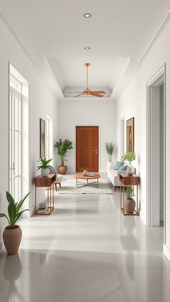 A minimalist hallway with light walls, polished floor, and simple furniture.