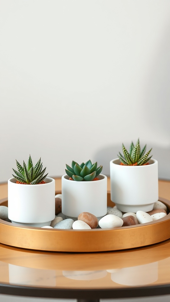 Minimalist coffee table arrangement featuring three succulents in white pots on a gold tray with pebbles.