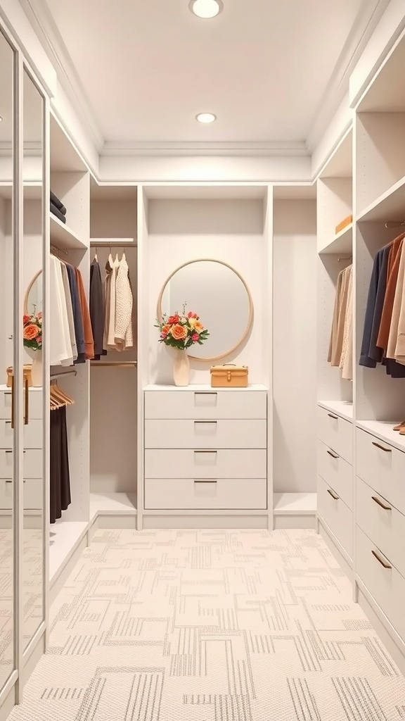 Minimalist walk-in closet with white cabinetry, light neutral colors, and a floral arrangement.
