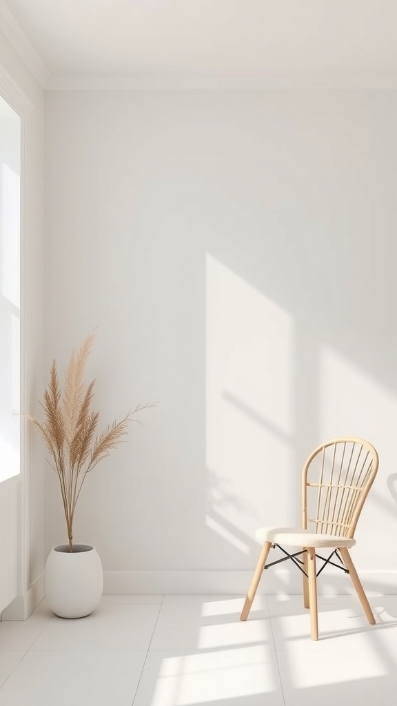 A minimalist interior with a light-colored wall, a simple chair, and a decorative plant.