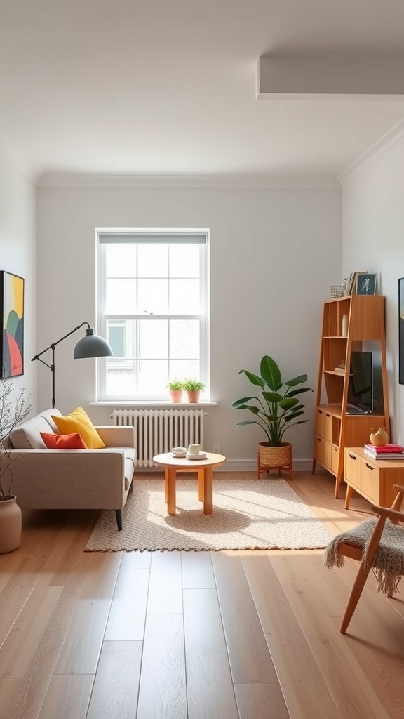 A minimalist living room with colorful accents including cushions and artwork.