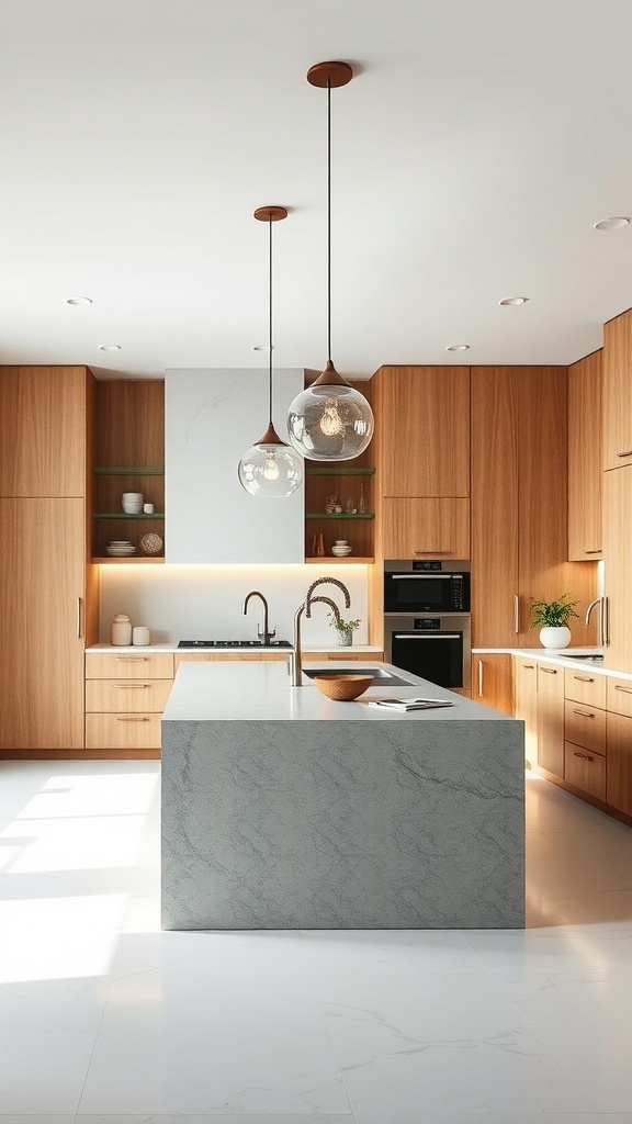 A modern kitchen featuring a minimalist concrete island with pendant lighting and warm wood cabinetry.