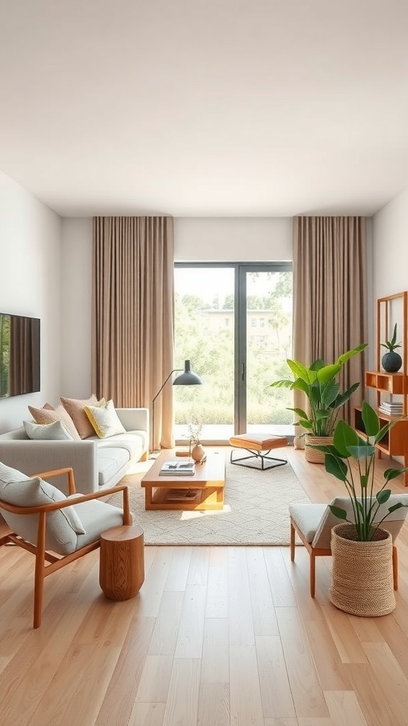 A minimalist living room featuring light wood furniture, soft textiles, and plants, with a large window allowing natural light.