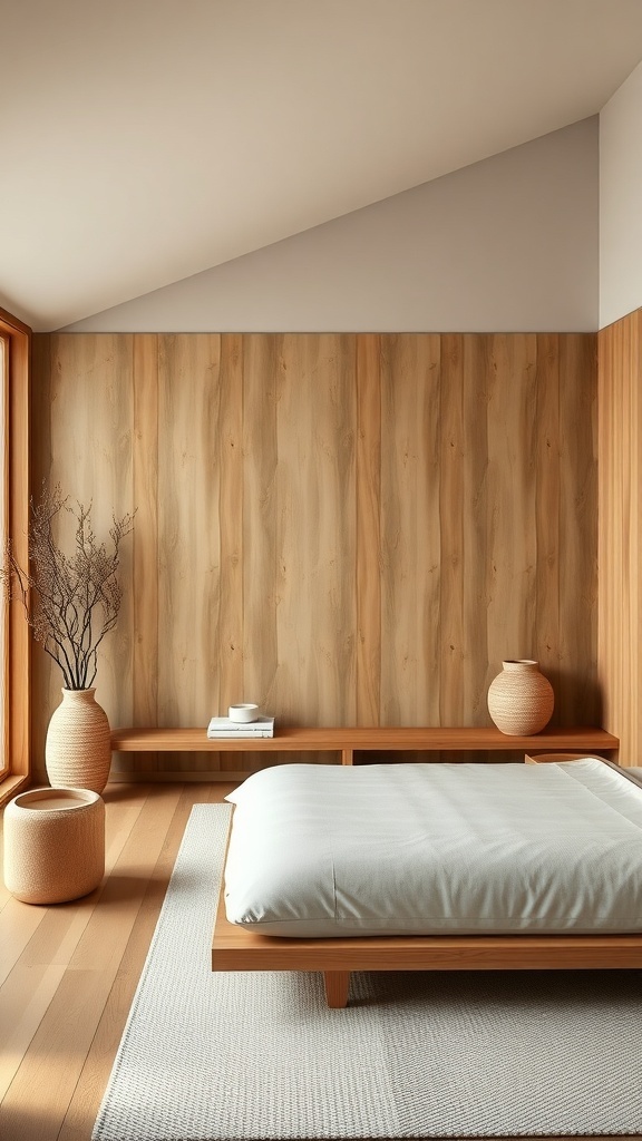 A minimalist Japandi bedroom featuring wooden walls, a low bed, and simple decor.
