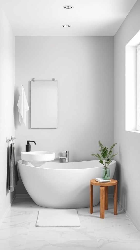 A minimalist bathroom featuring a freestanding tub, modern sink, and natural elements.