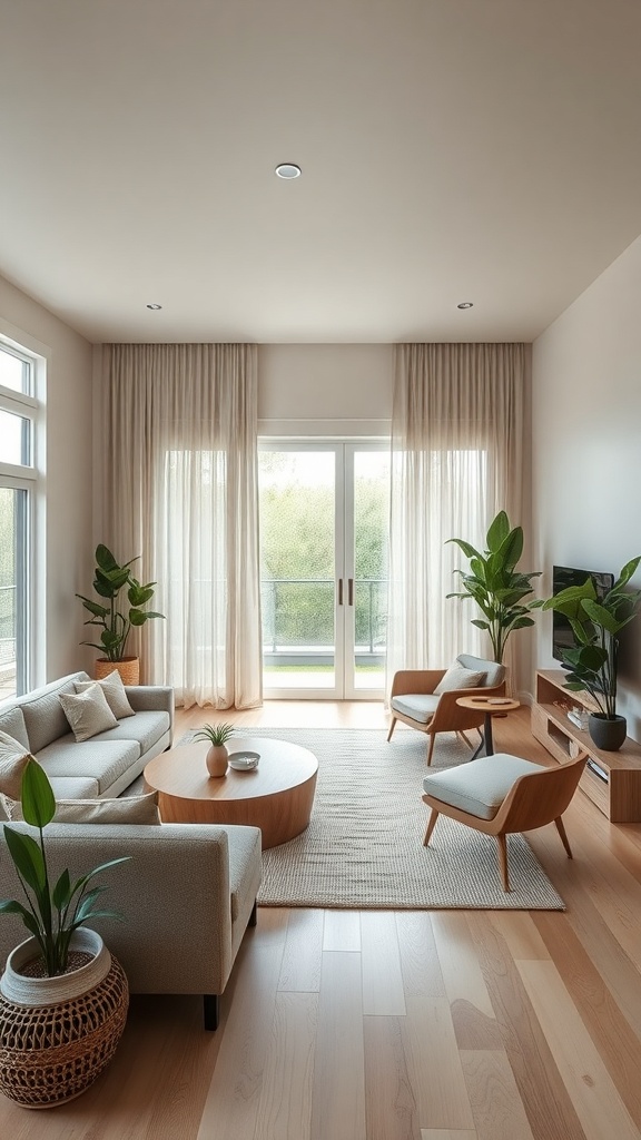 A minimalist living room with large windows, plants, and wooden furniture, showcasing eco-friendly design.