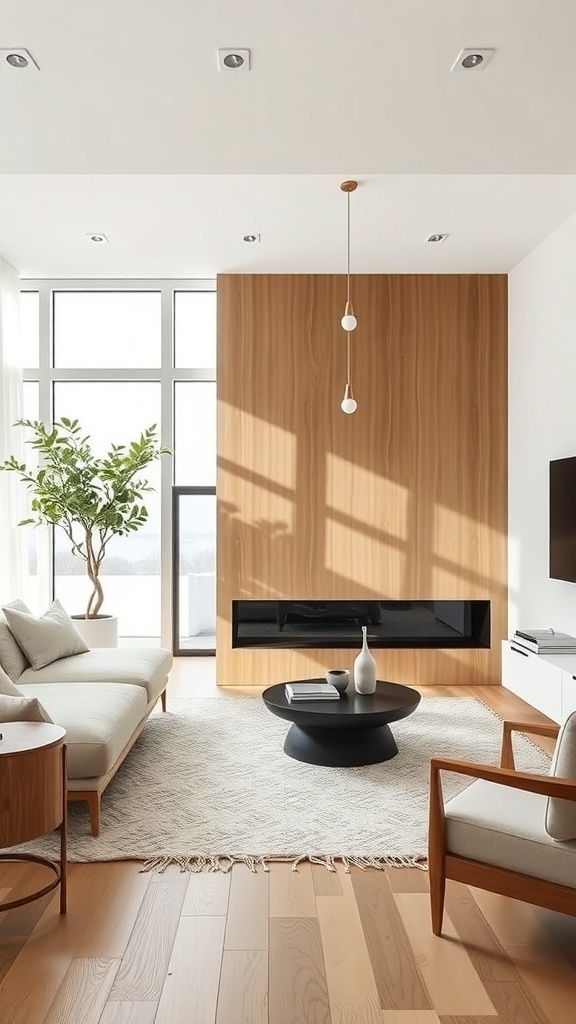 A minimalist living room featuring a wooden wall, large windows, and simple furniture.