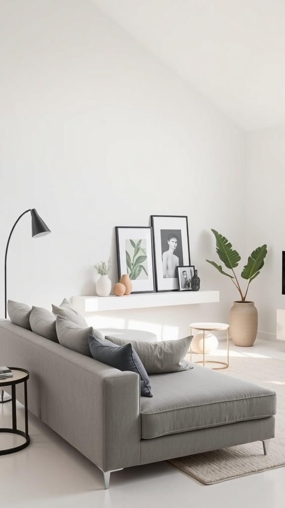A minimalist living room featuring a grey sofa, round coffee table, and potted plants.