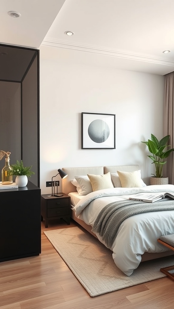 A stylish minimalist bedroom featuring a bed with neutral bedding, a sleek nightstand, and a decorative plant.