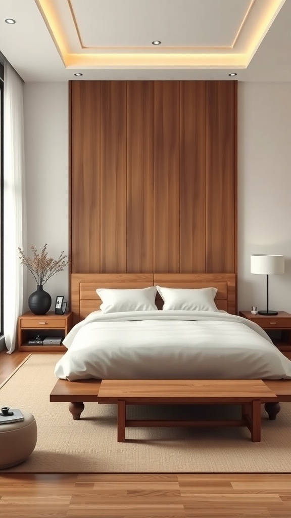 A minimalist Japandi bedroom featuring a wooden accent wall, a low bed with neutral bedding, and simple bedside tables.