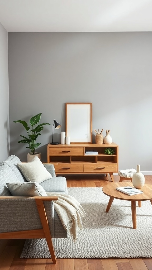 A cozy living room featuring minimalist furniture with natural materials, including a wooden table, a gray sofa, and decorative elements.