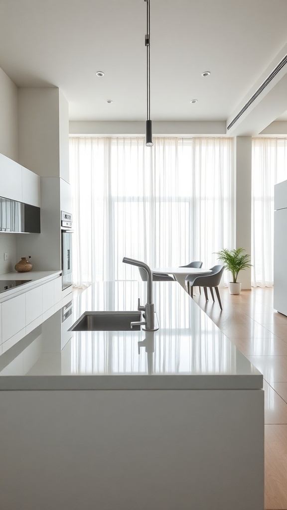 A modern kitchen featuring minimalist glass countertops, large windows, and simple cabinetry.