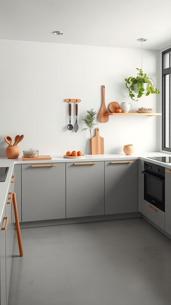 A minimalist kitchen featuring gray cabinets, wooden accents, and a potted plant.