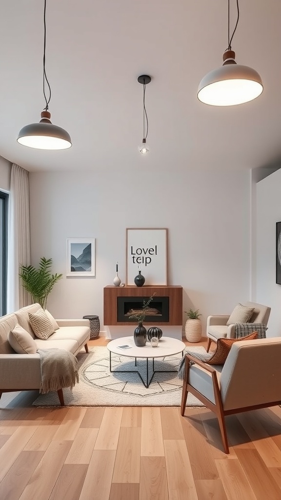 A cozy Scandinavian living room featuring minimalist lighting fixtures.