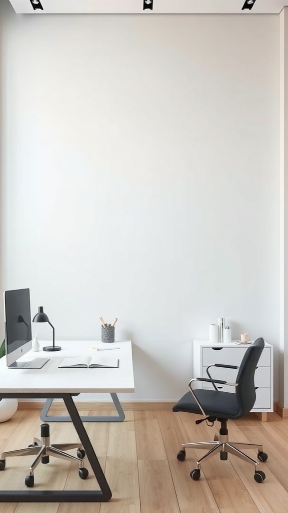 A minimalist office space with a clean wall, modern desk, and chair.