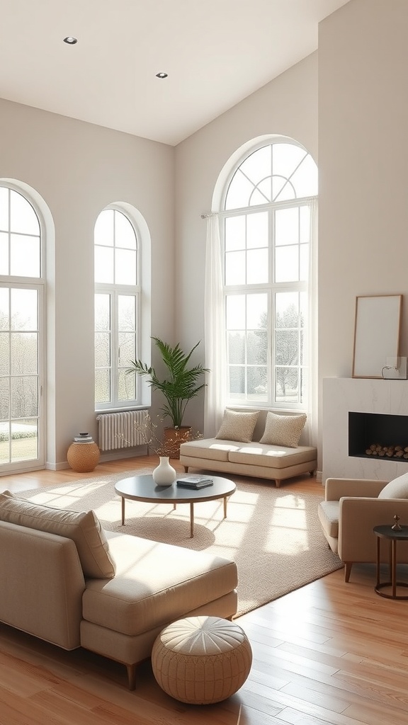 A bright and airy minimalist living room with large windows, light-colored furniture, and a cozy atmosphere.