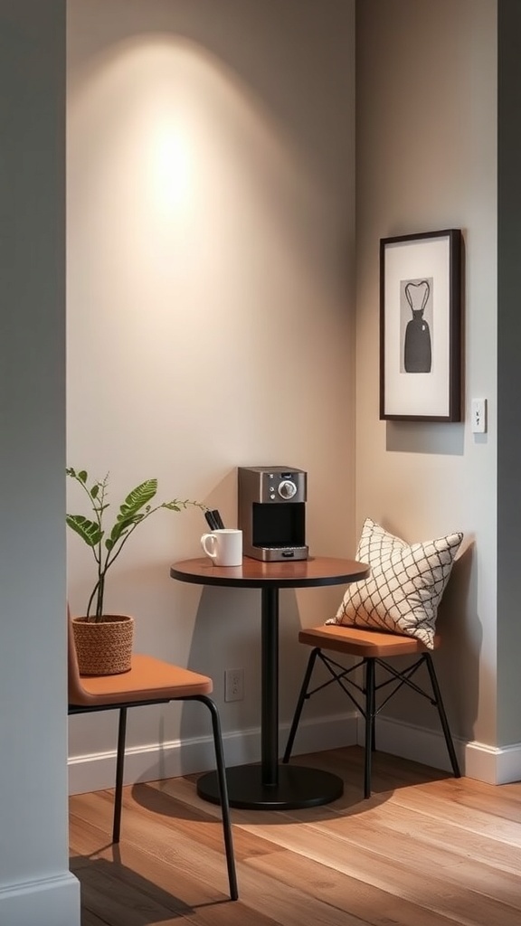 A minimalist coffee nook featuring a round table, two chairs, a coffee maker, and a potted plant in a cozy corner.