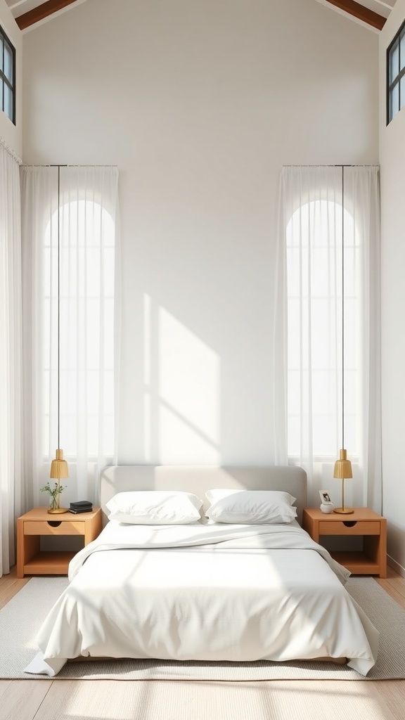 Minimalist nightstands in a serene Japandi bedroom with natural wood finish and soft lighting.