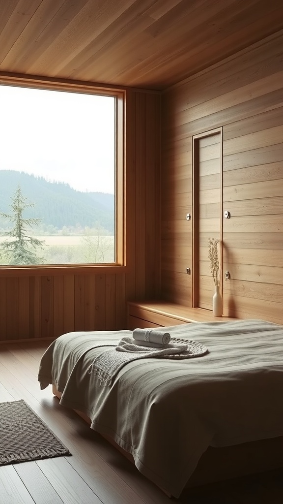 A minimalist Scandinavian bedroom featuring wooden walls, a large window with a view, and a neatly made bed.