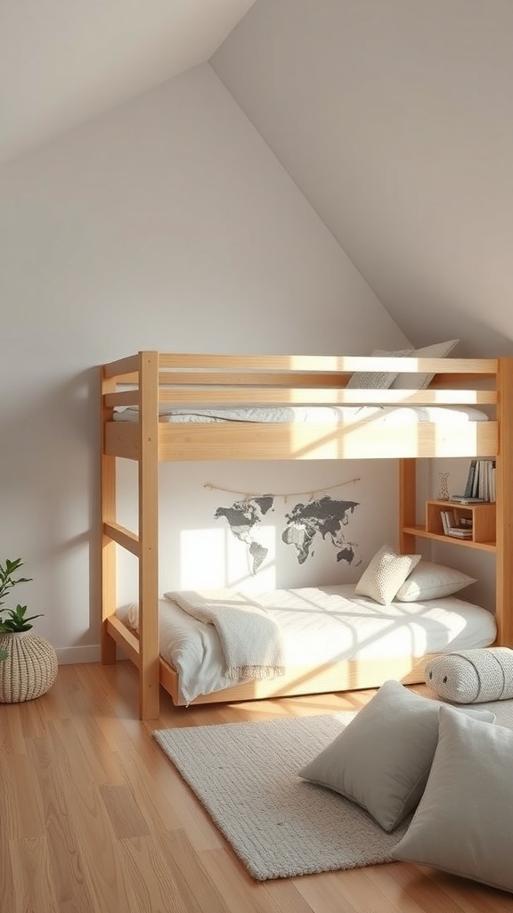 A minimalist Scandinavian kids' bedroom with a loft bed, featuring natural wood, soft colors, and a world map on the wall.