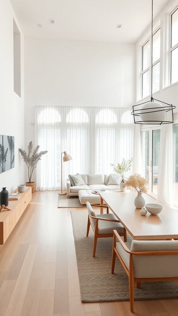 A minimalist Scandinavian living and dining room with large windows, light wood flooring, and simple furniture.