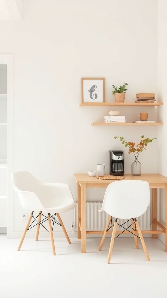 Minimalist Scandinavian coffee nook with a wooden table, white chairs, and plants.