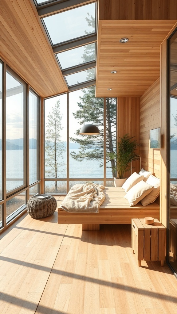 A minimalist Scandinavian sauna with large windows, wooden walls, and a cozy interior.