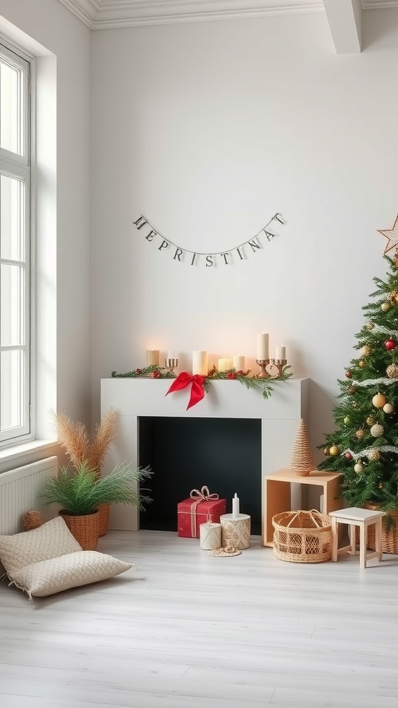 A minimalist living room decorated for the holidays with a Christmas tree, candles, and simple decor.