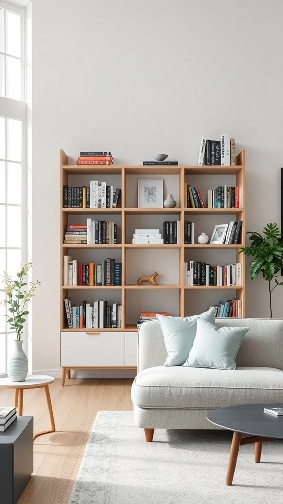 A minimalist bookshelf with a light wood finish, displaying books and decorative items, accompanied by a cozy sofa and a plant.