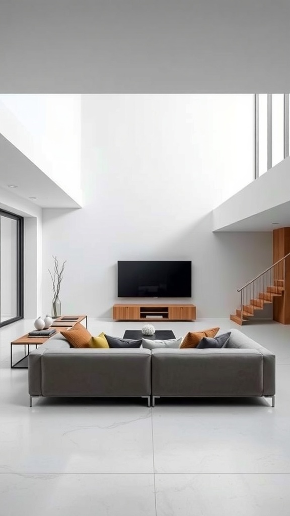 A minimalist sunken lounge featuring a modern couch, light-colored flooring, and a mounted TV.