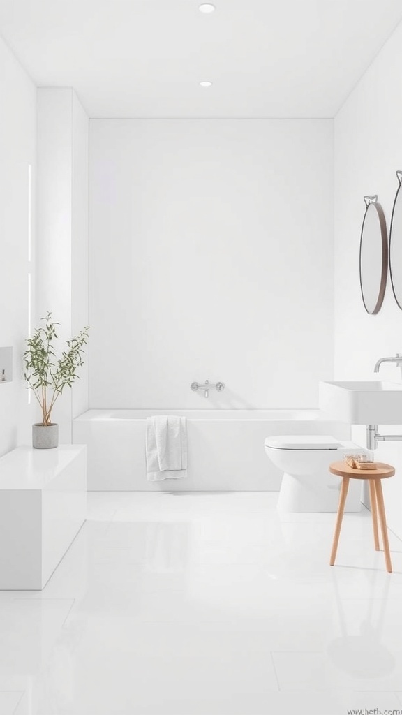 A minimalist bathroom featuring white tiles, a bathtub, and a small plant.