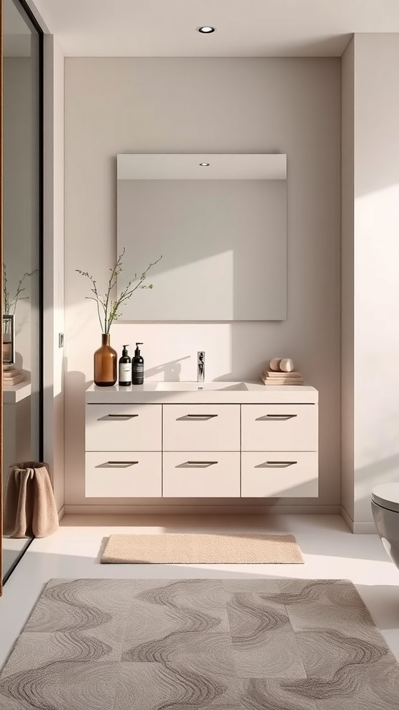 Minimalistischer Waschtisch in einem modernen Badezimmer mit neutralen Farben und einem großen Spiegel.