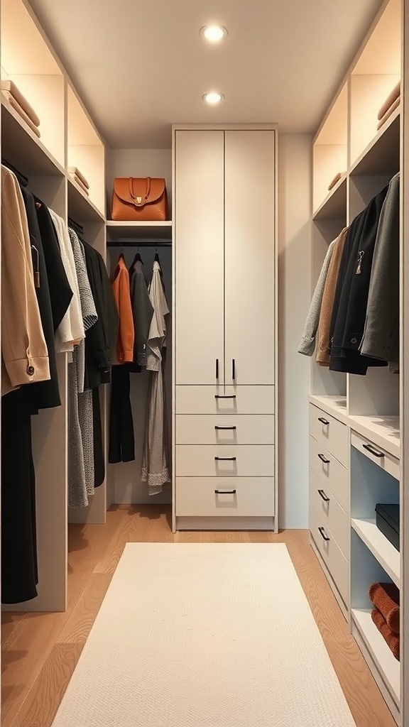 A minimalist walk-in closet with organized clothes, shelves, and soft lighting.