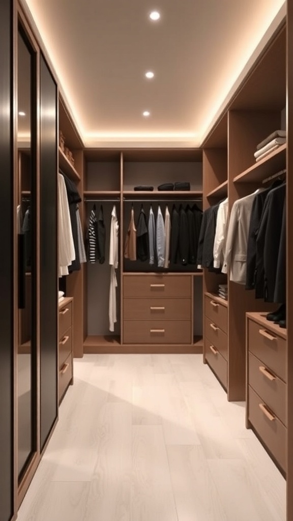 A minimalist walk-in closet with sleek cabinetry and organized clothing.