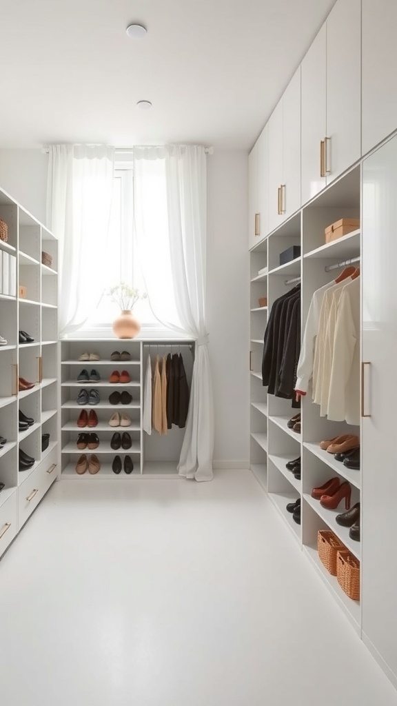A minimalist walk-in closet featuring open shelves with organized shoes and clothing.