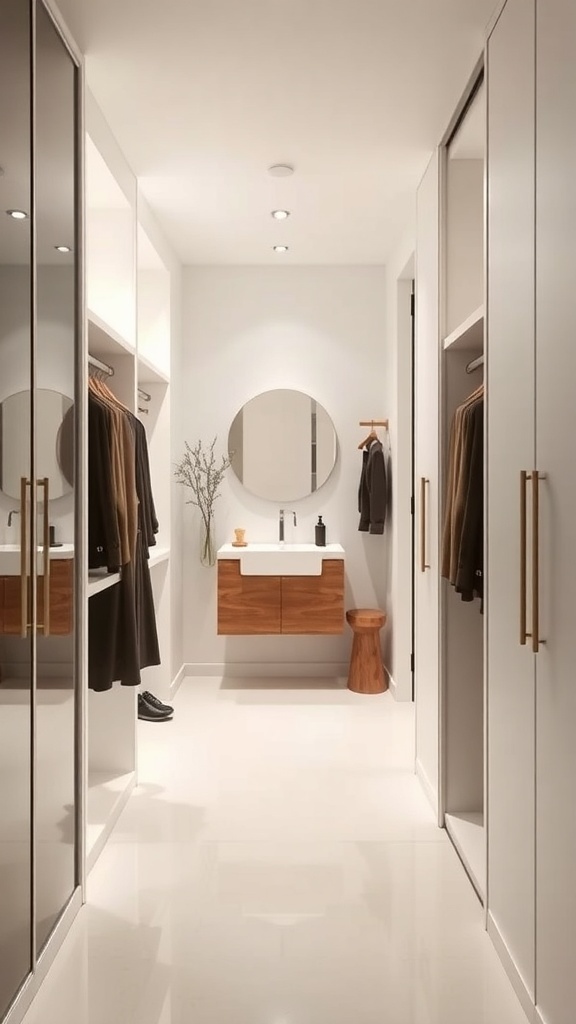 A minimalist walk-through closet featuring mirrored cabinets, organized clothing, and a compact vanity area.
