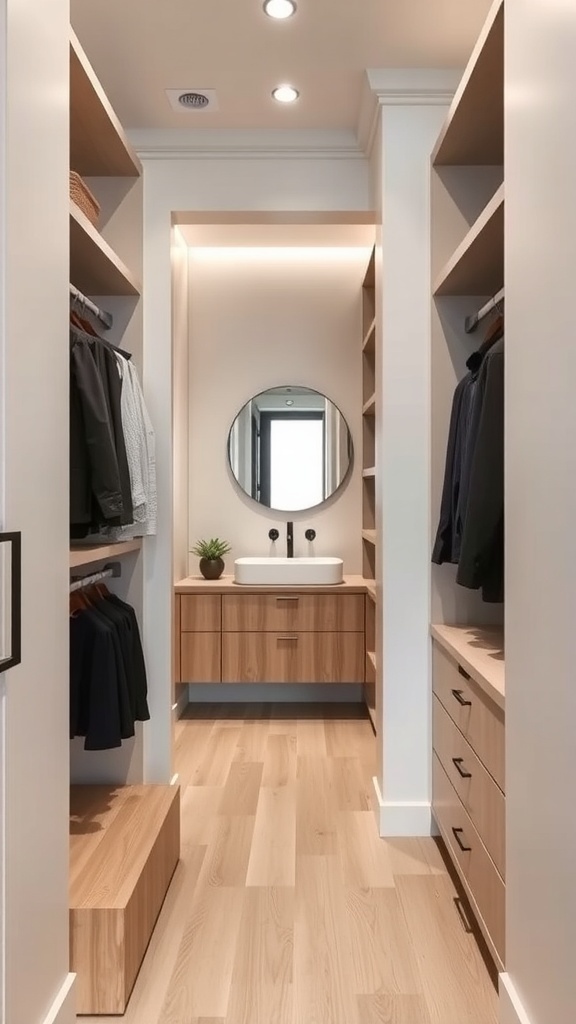 A minimalist walk-through closet leading to a bathroom, featuring open shelving and a freestanding bathtub.