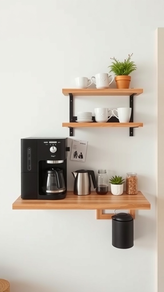 A minimalist wall-mounted coffee bar featuring wooden shelves, a coffee maker, and decorative items.