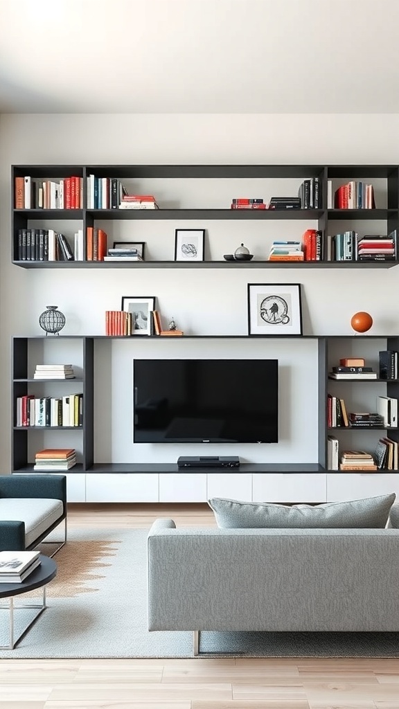 A modern living room featuring minimalist wall-mounted shelves with books and decorative items.