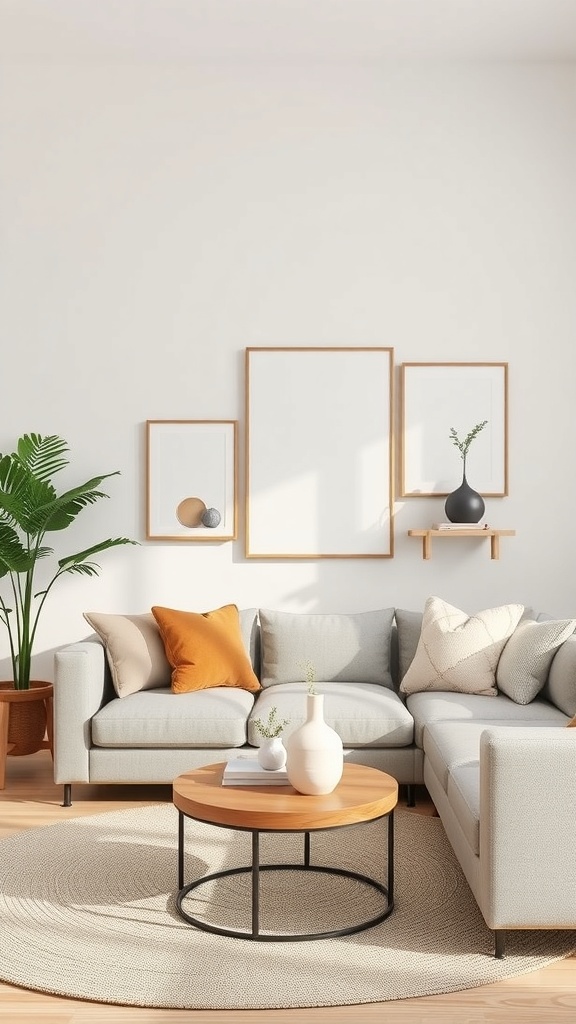 A cozy living room with minimalist wall art displays featuring simple frames and a neutral color palette.