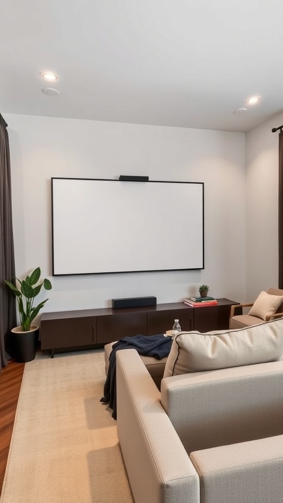 A minimalist home theater setup with a large blank wall, modern furniture, and a cozy atmosphere.