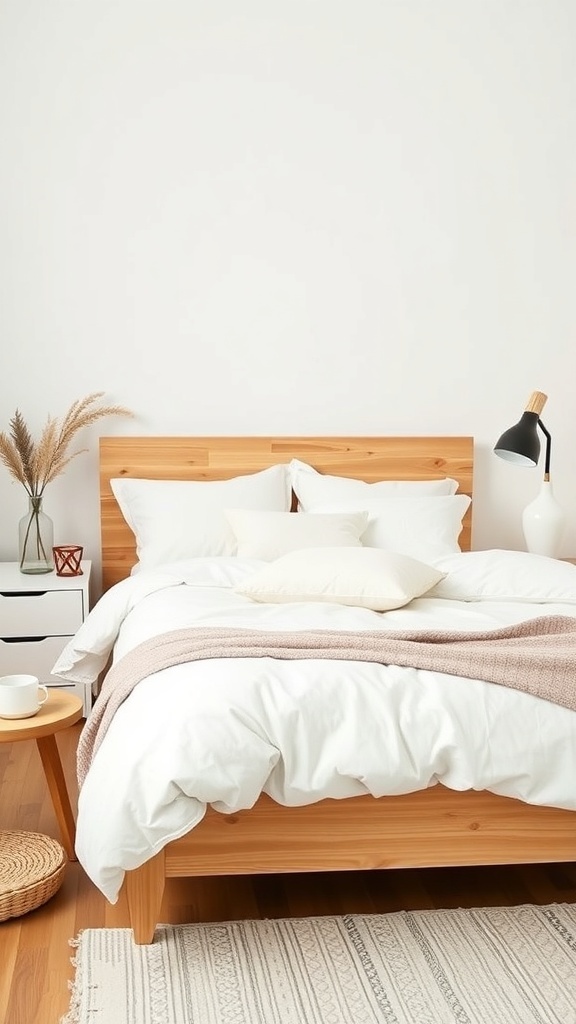 A cozy bed with minimalist white bedding, wooden headboard, and soft throw blanket.