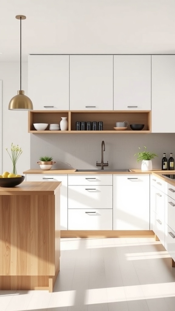 A modern kitchen featuring minimalist white cabinets with natural wood accents, an island, and open shelving.