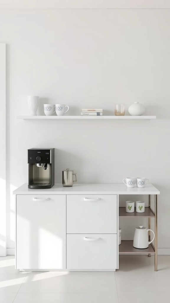 A minimalist white coffee bar featuring a coffee machine, white cabinetry, and open shelving with mugs and decorative items.