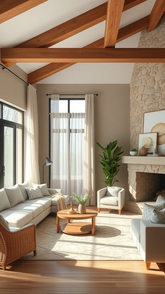 A minimalist rustic living room featuring large windows with sheer curtains, wooden beams, and a stone fireplace.