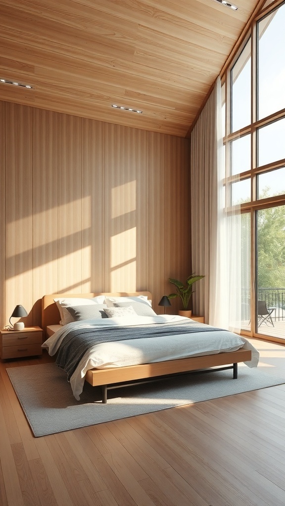 A minimalist bedroom featuring wood accents, large windows, and a cozy atmosphere.